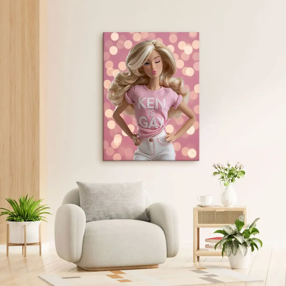 Contemporary pop art style wall art of a Barbie doll in white shorts and pink shirt with bold slogan, set on a dreamy pink backdrop.