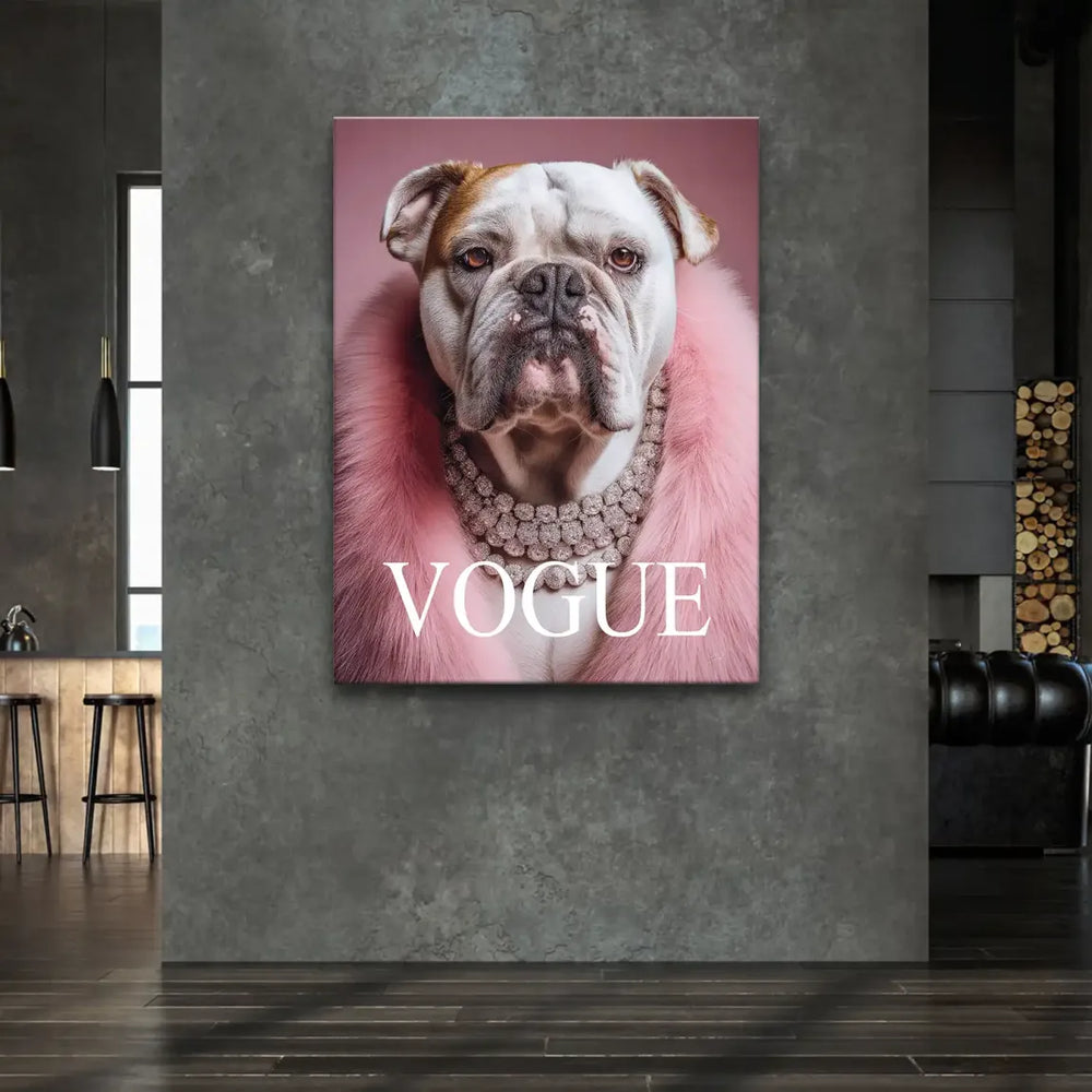 Bulldog wearing a pink faux-fur stole on a chic fashion magazine cover canvas.