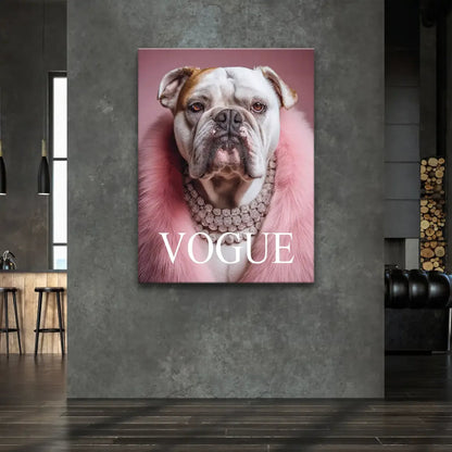 Bulldog wearing a pink faux-fur stole on a chic fashion magazine cover canvas.