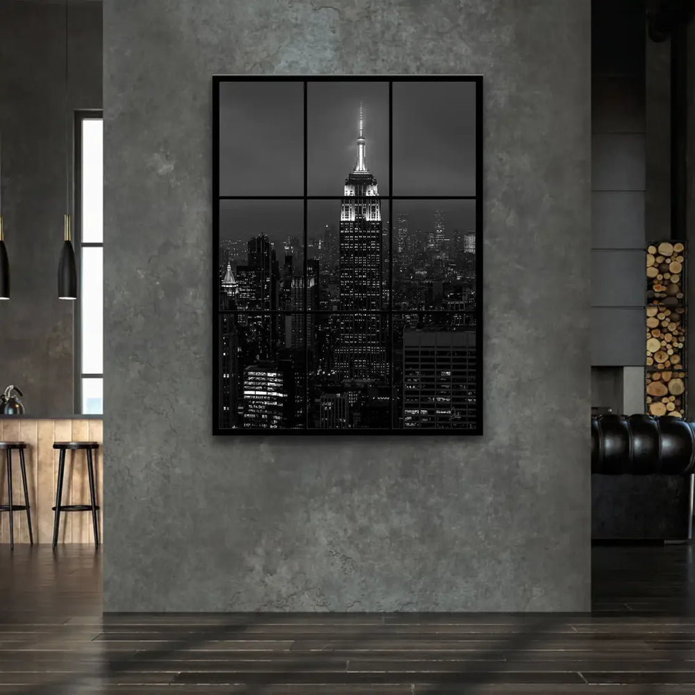 Urban cityscape photograph-inspired print with high contrast and glowing city lights in grayscale.