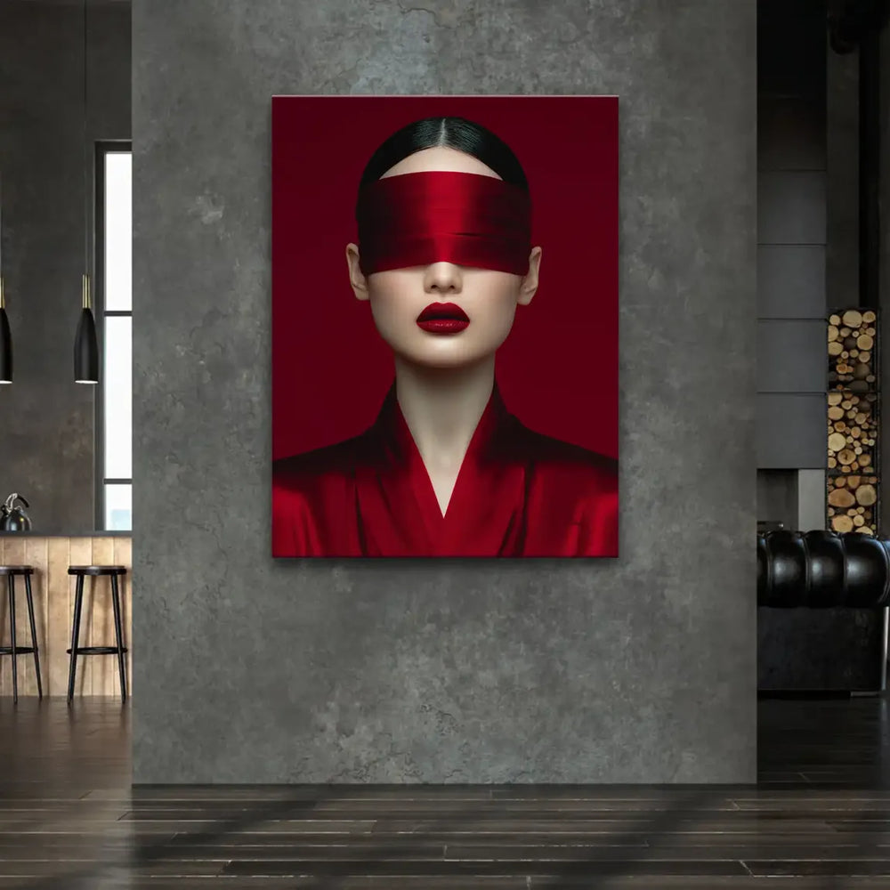 High-fashion wall art with a mysterious gaze in red tones
