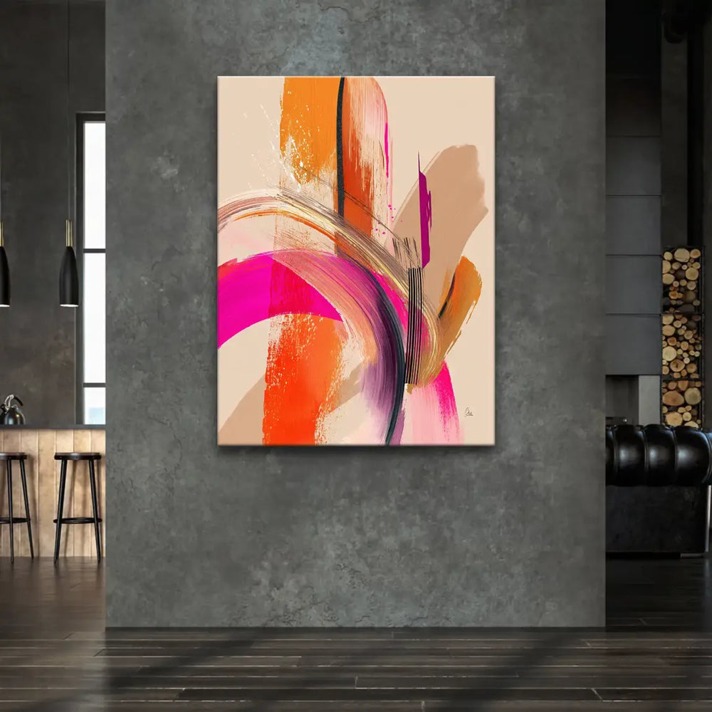 Sweeping arcs and vertical lines creating movement in warm tones