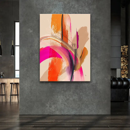 Sweeping arcs and vertical lines creating movement in warm tones
