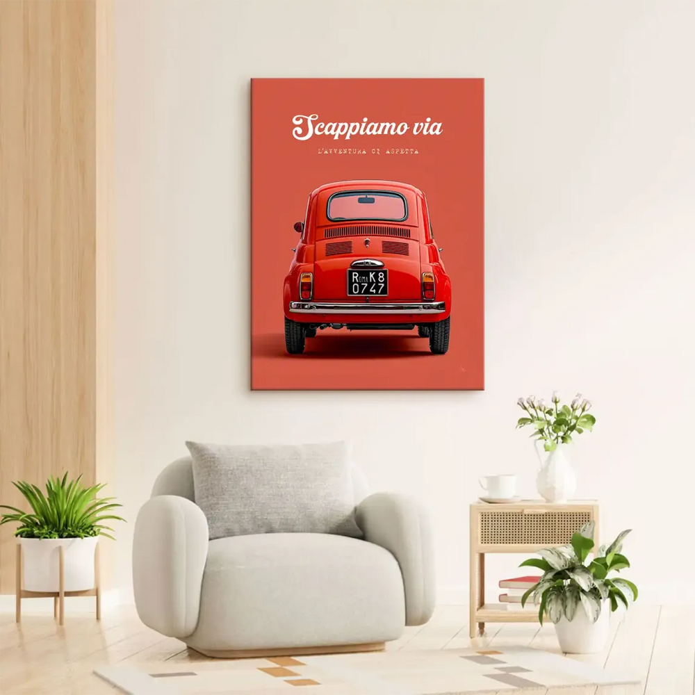 Red Fiat 500 car illustration with retro travel-poster vibe