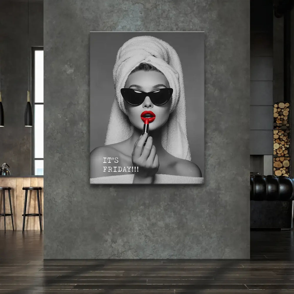 Cat-eye sunglasses and white towel wrap on head in chic wall art