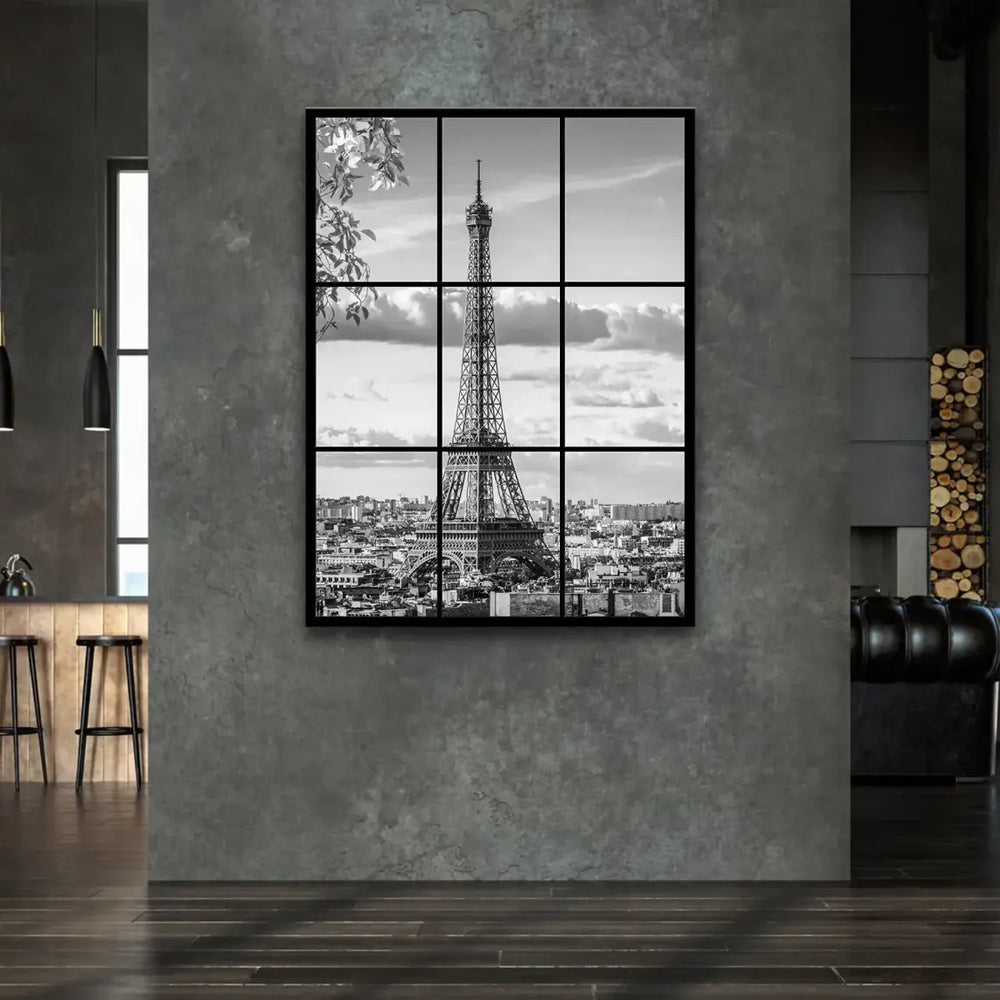 Grayscale nine-panel wall art of Paris cityscape with architectural details.