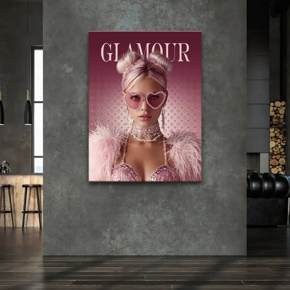 Pink-toned fashion artwork featuring pearls and a sequined top