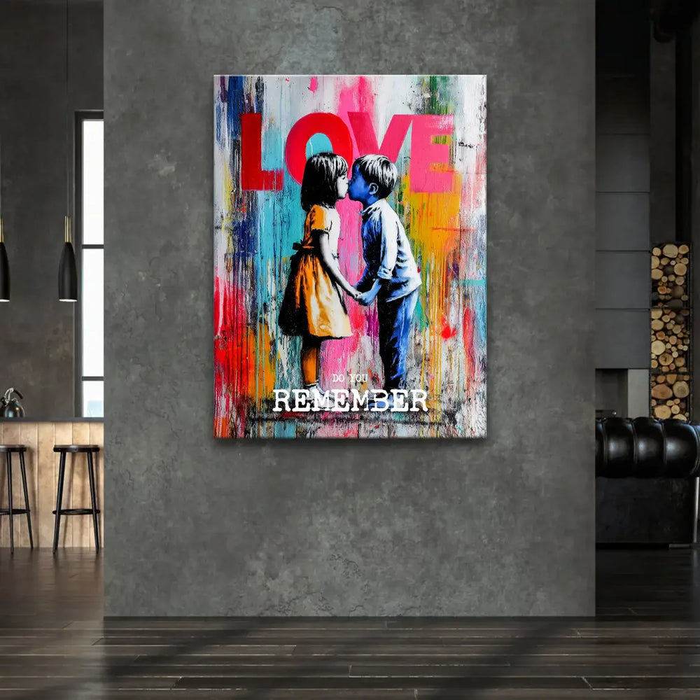 Girl in a yellow dress beside a grayscale boy on a vibrant drip art background