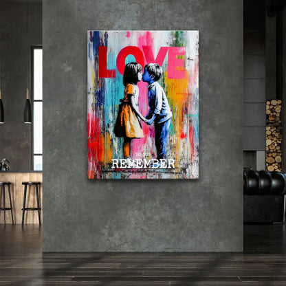 Girl in a yellow dress beside a grayscale boy on a vibrant drip art background