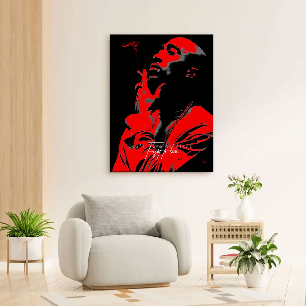 Bold pop-art Tupac profile with cigarette on canvas