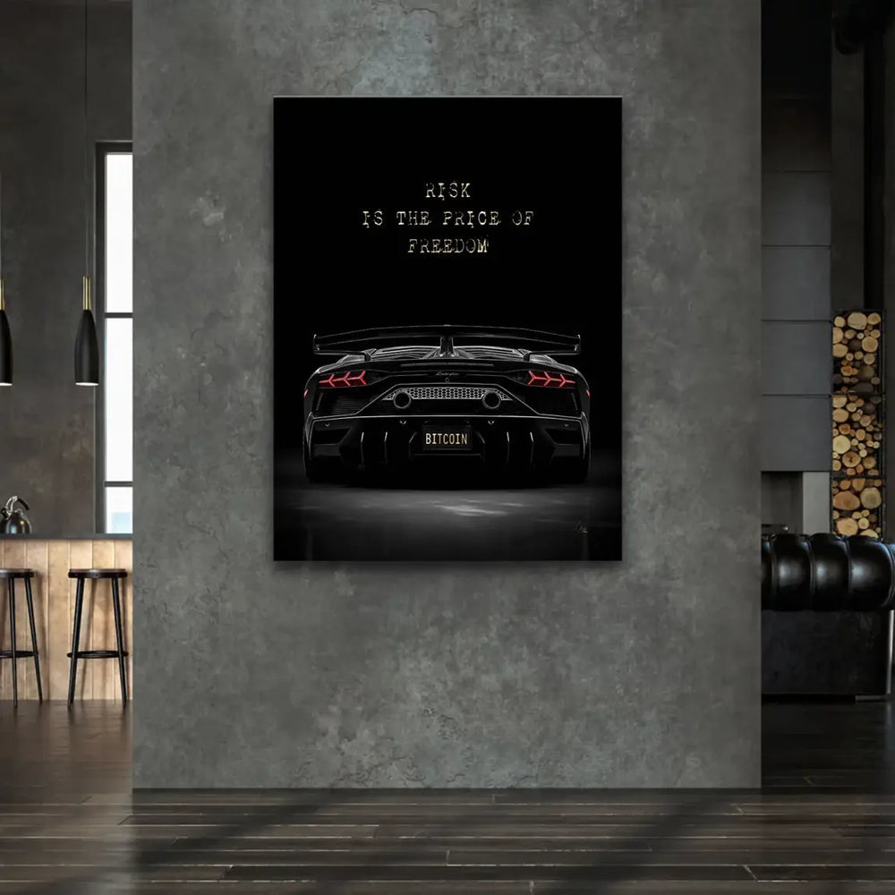 Gold Bitcoin plate and bold motivational text on a luxury car canvas