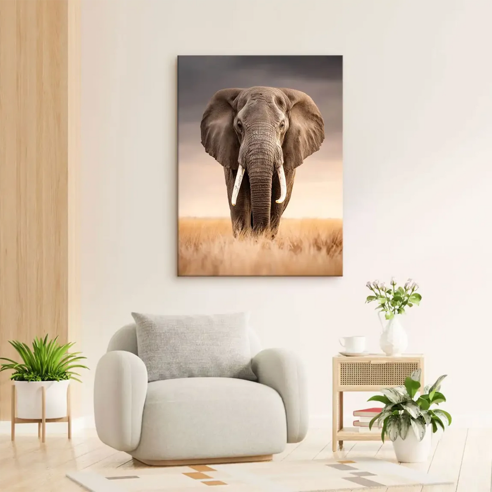 Front-facing elephant canvas art with earthy tones for rustic modern decor