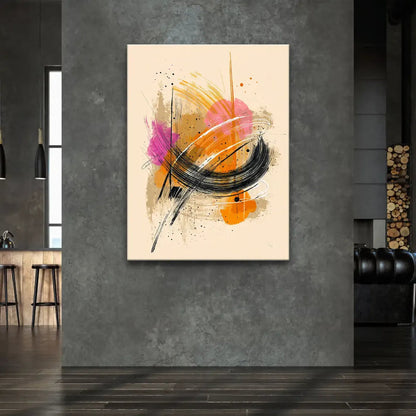 Energetic pink and sunny yellow accents contrasting with warm orange in contemporary wall art