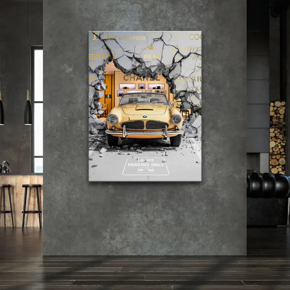 Bold contemporary pop art scene merging automotive glamour with high fashion.
