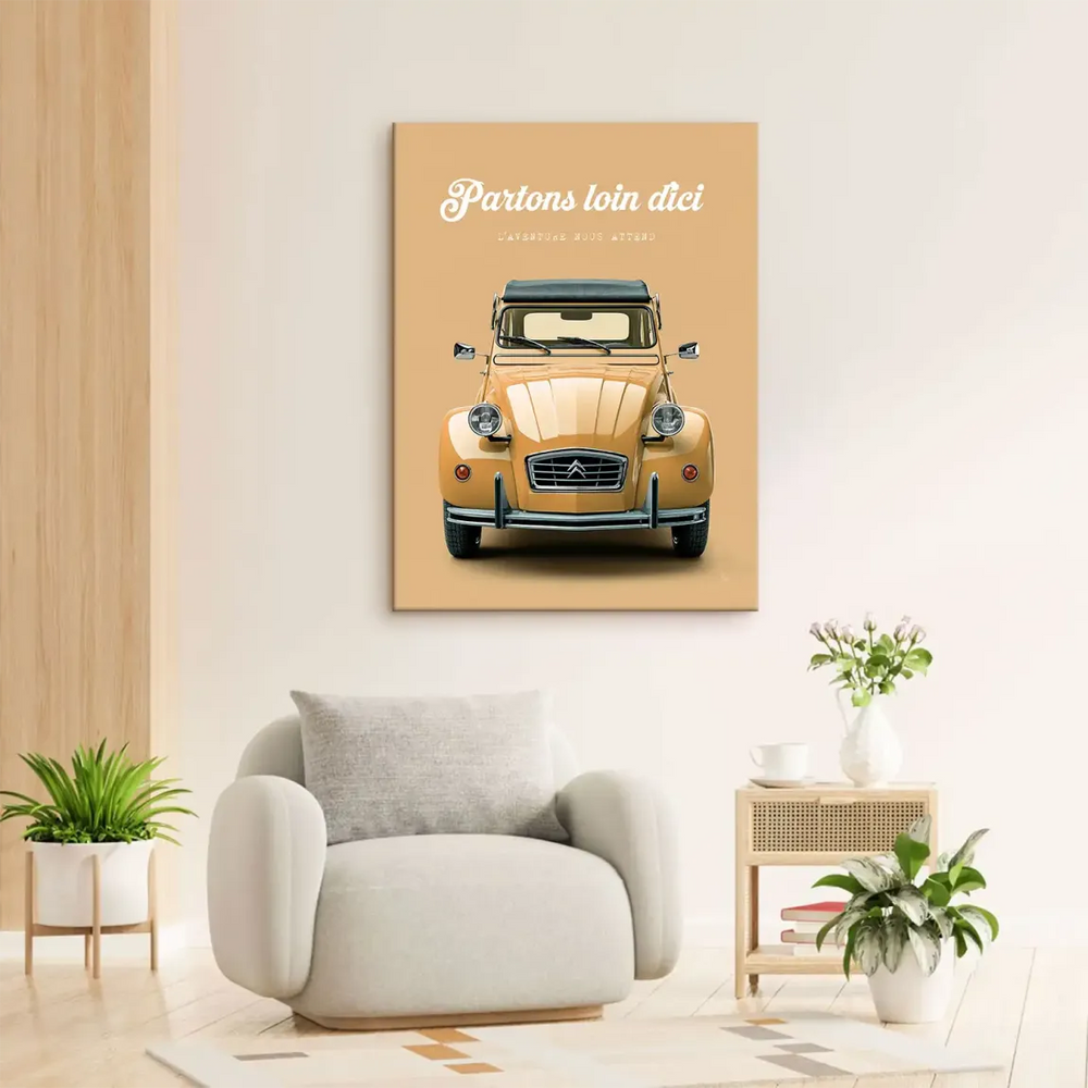 Minimalist canvas art featuring a yellow Citroen 2CV with black roof and beige backdrop