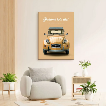 Minimalist canvas art featuring a yellow Citroen 2CV with black roof and beige backdrop