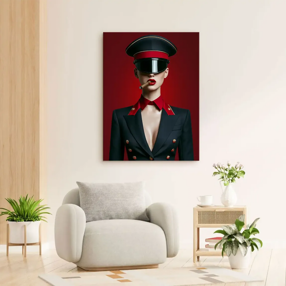 Portrait in black uniform and red cap with dark visor, offering a confident, mysterious vibe