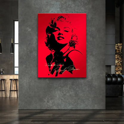 Iconic Marilyn Monroe-inspired wall art featuring bold black portrait and red gradient backdrop with gold GLAMOUR lettering