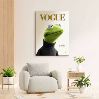 Close-up profile of Kermit with a creamy beige background and gold typography