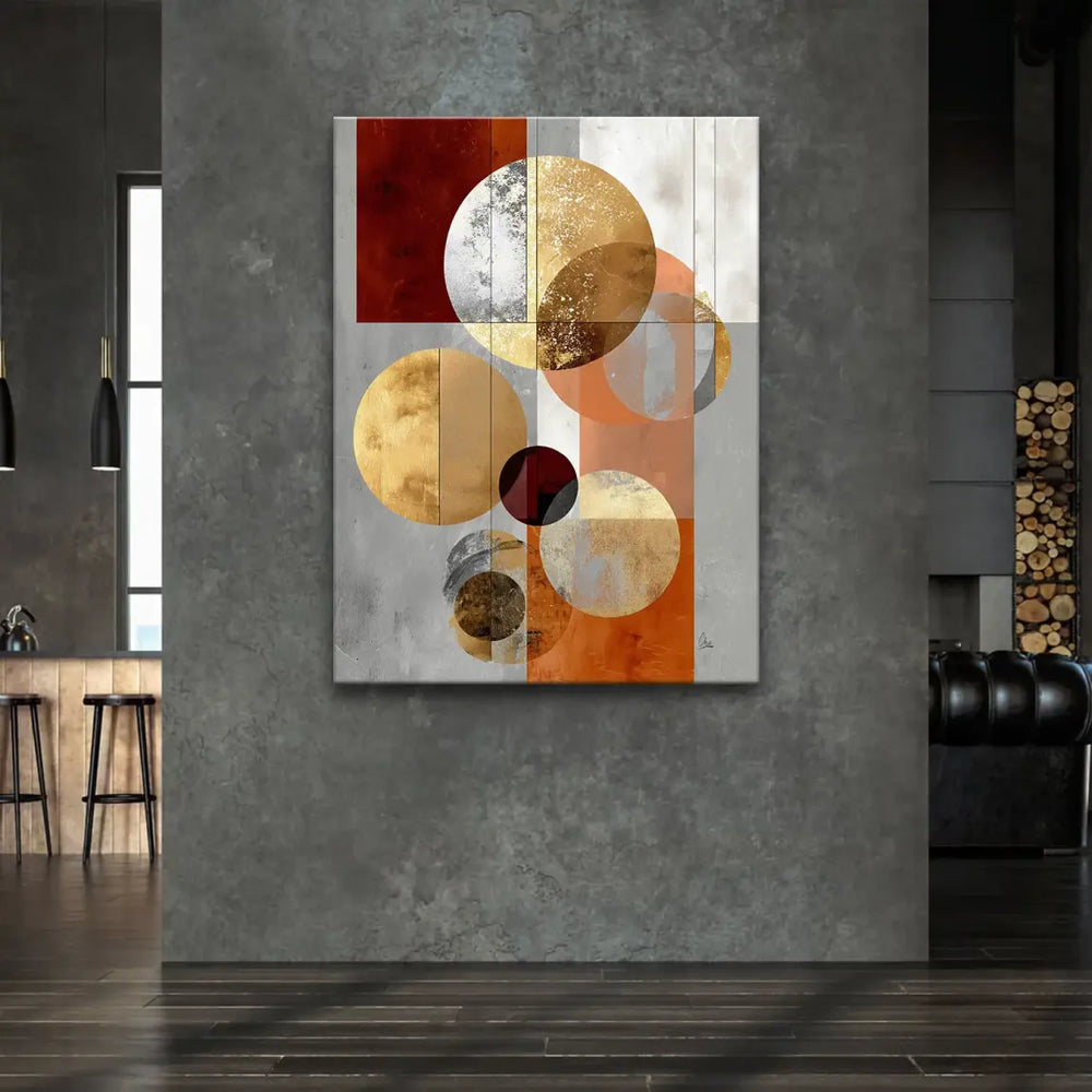Modern abstract artwork with circular and rectangular shapes in warm metallic colors
