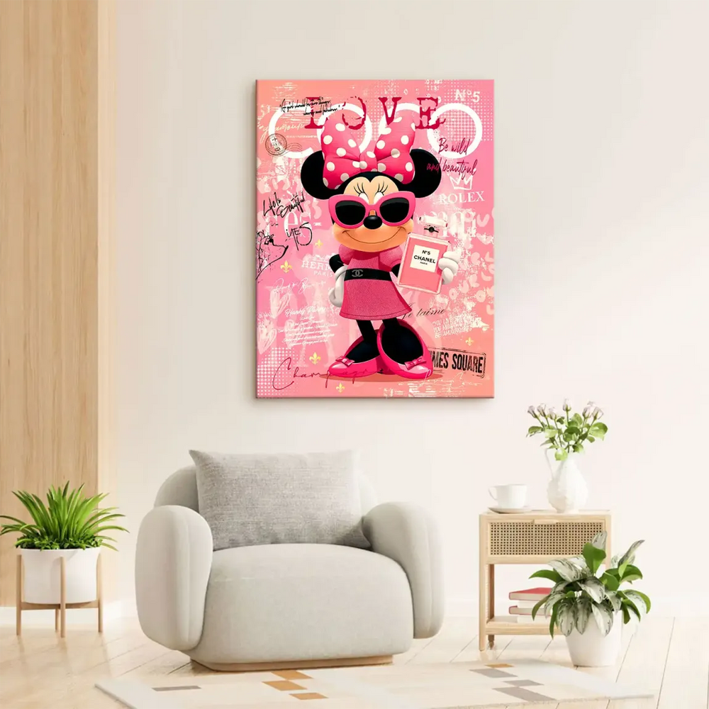 Pop art Minnie Mouse with pink background and street art elements on a canvas print