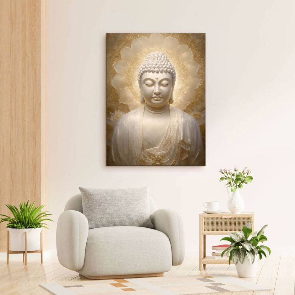 Close-up of the radiant golden halo around the meditating Buddha on canvas.