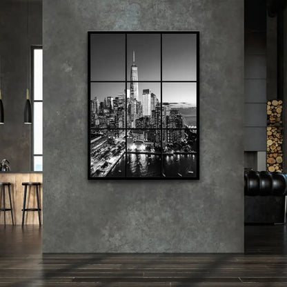 City lights across the waterfront captured in a monochrome palette