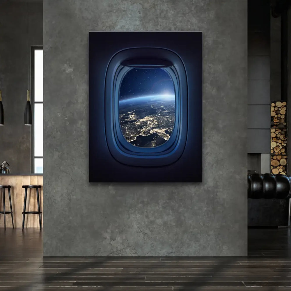 Starry space background with a distant sunrise over Earth as viewed from a window
