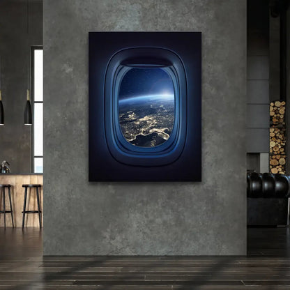 Starry space background with a distant sunrise over Earth as viewed from a window