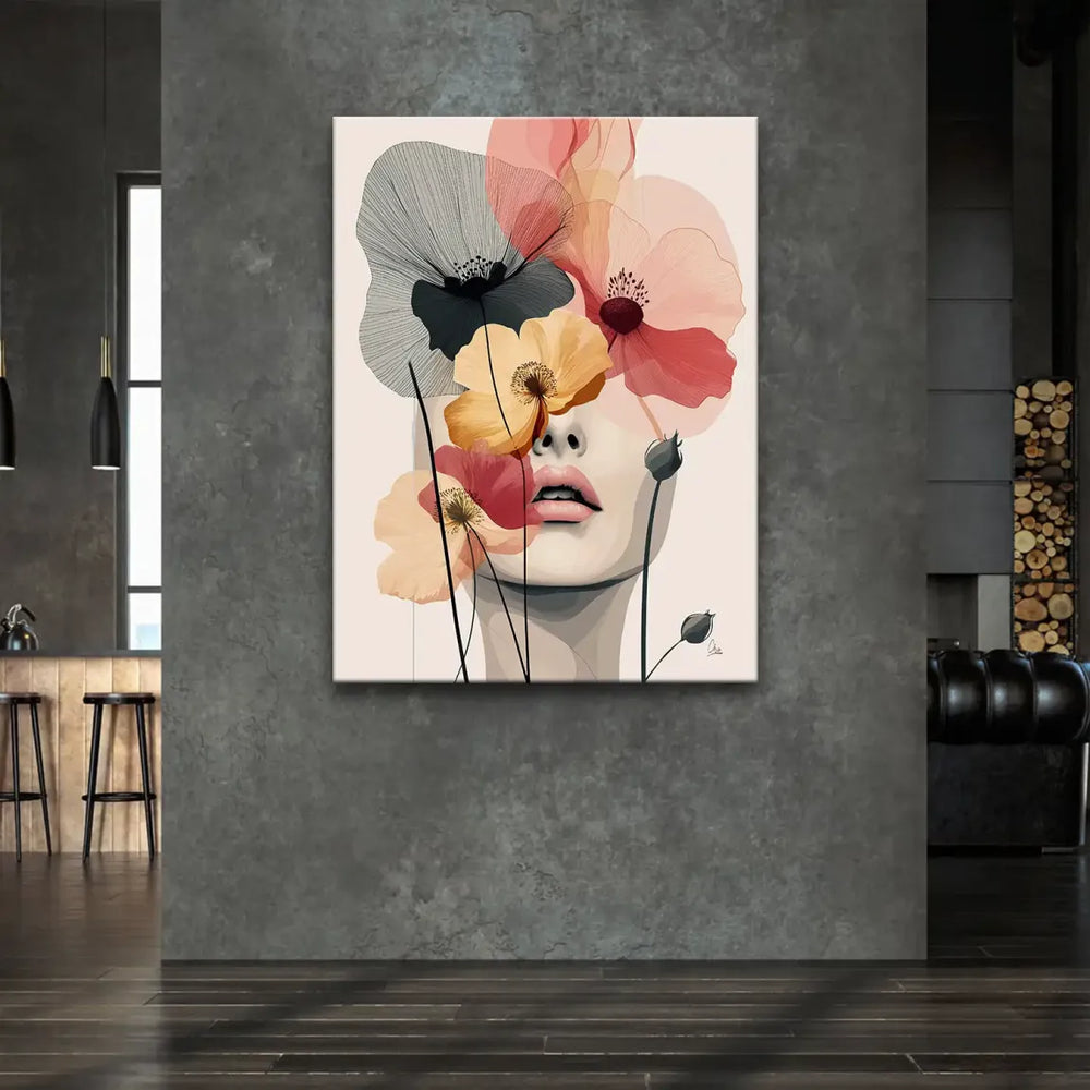 Pastel pink and coral floral artwork with soft yellow accents