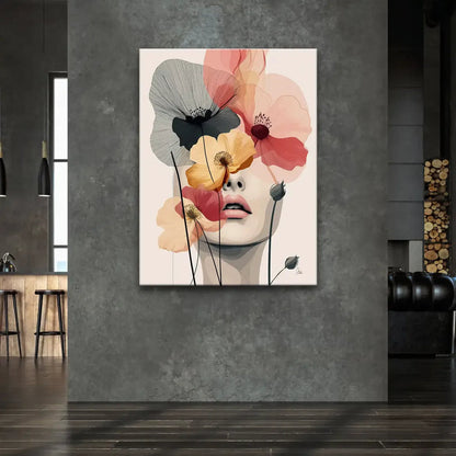 Pastel pink and coral floral artwork with soft yellow accents