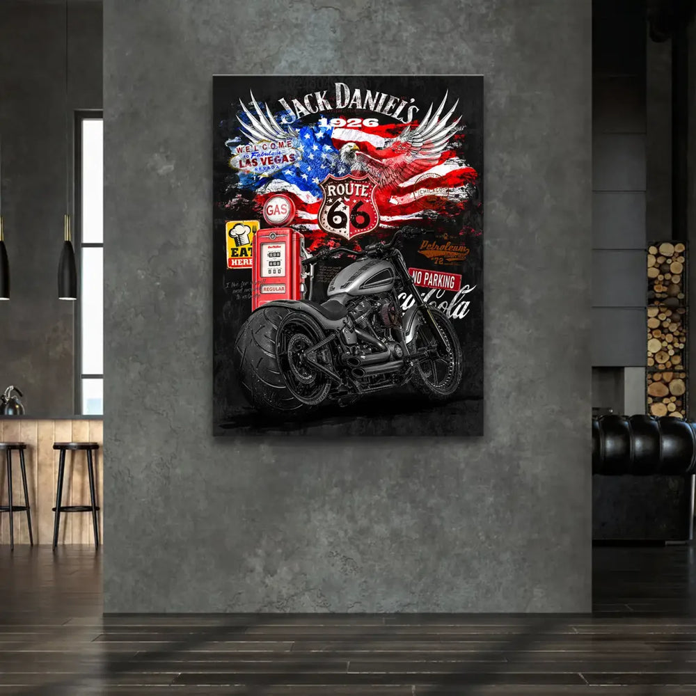 Distressed American flag with a bald eagle featured in the artwork.