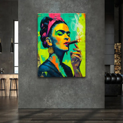 Frida Kahlo portrait featuring a cigar and rising smoke in a street-art inspired color palette