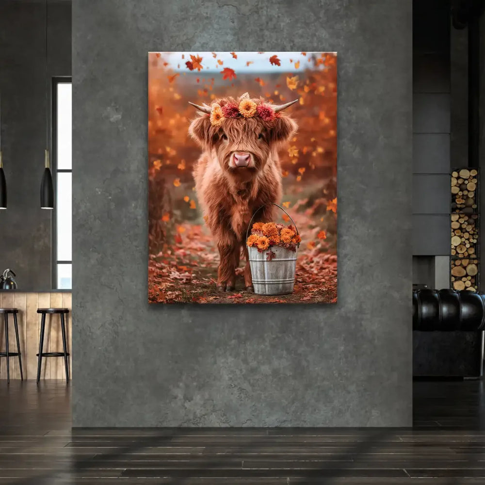Adorable Highland calf standing in a bed of fall leaves