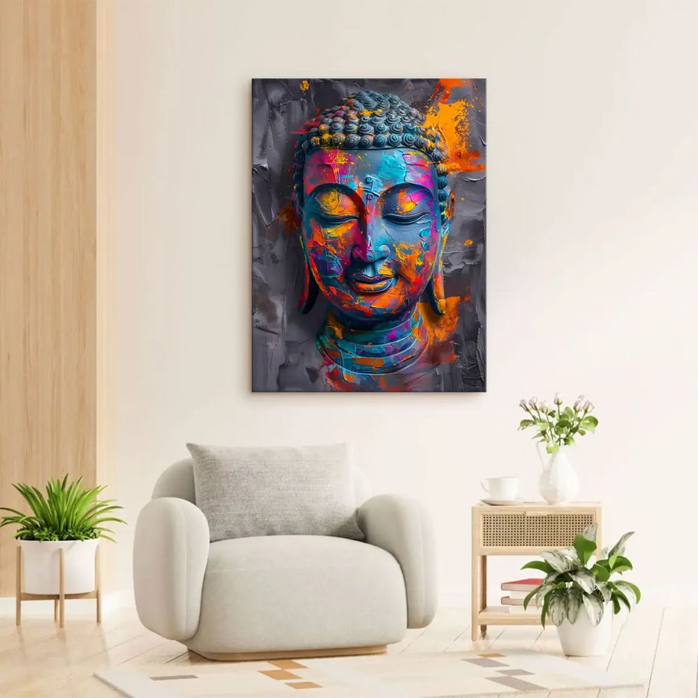 Bold multicolor Buddha portrait with textured impasto on a moody gray backdrop.
