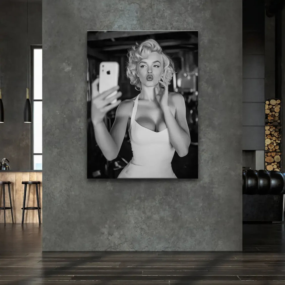 Vintage-style canvas wall decor blending 1950s glamour with modern smartphone selfie