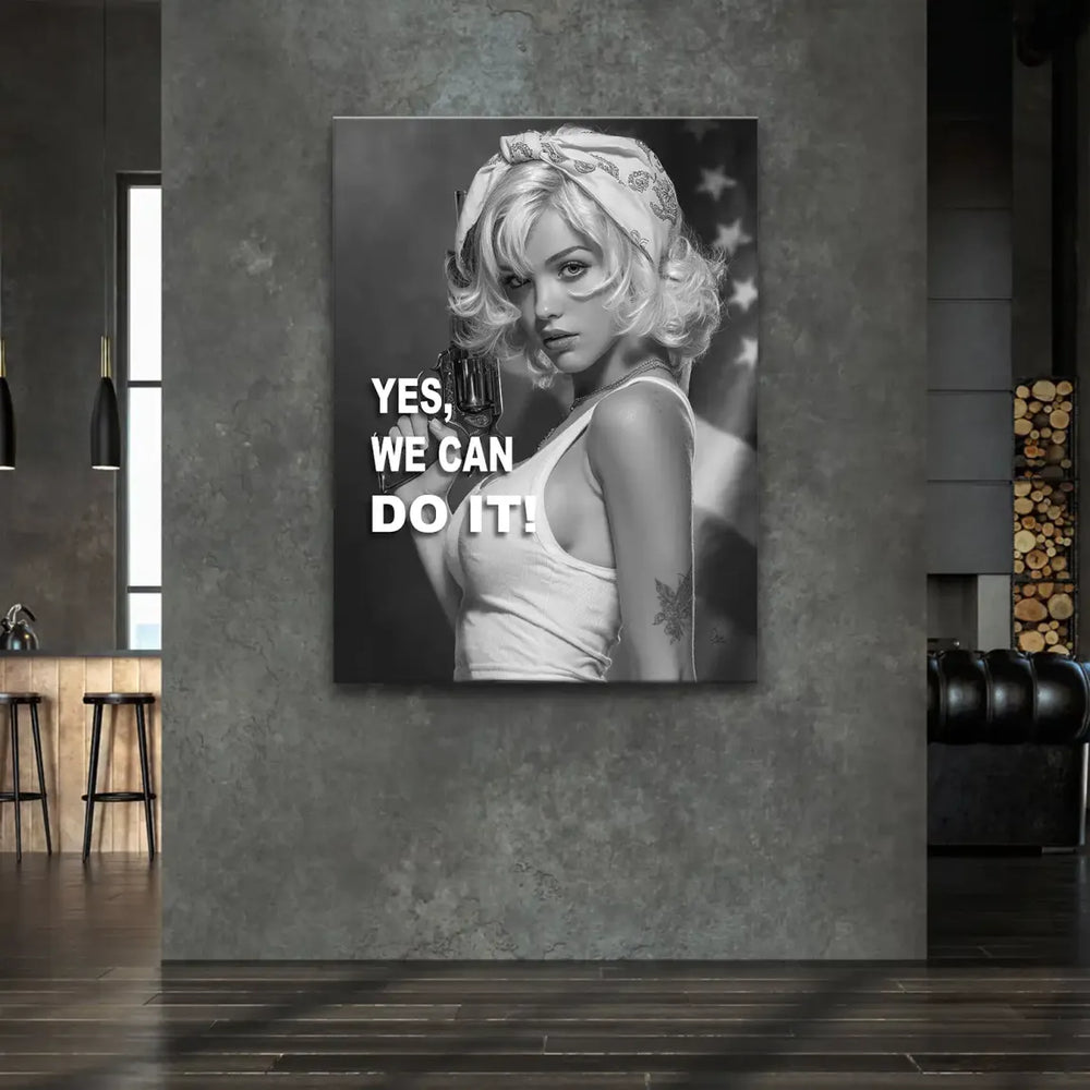 Black and white wall art featuring vintage pin-up inspired woman against blurred American flag background