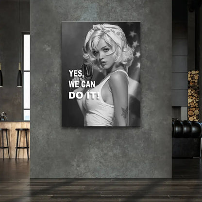 Black and white wall art featuring vintage pin-up inspired woman against blurred American flag background
