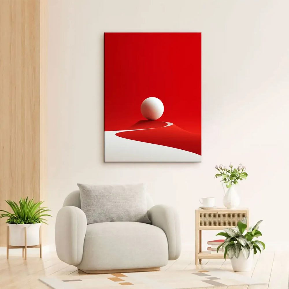 Contemporary geometric canvas art featuring a red terrain and white sphere