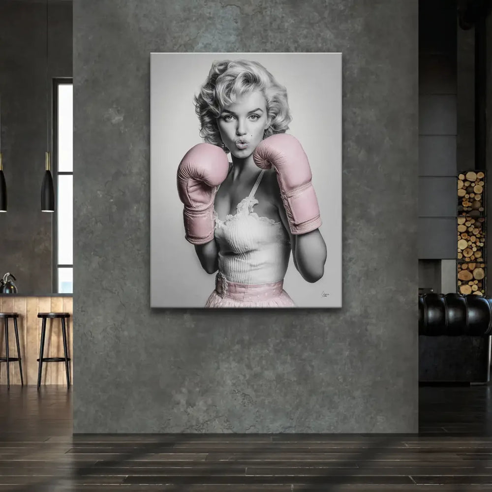 Centered Marilyn portrait with pink boxing gloves on a monochrome backdrop