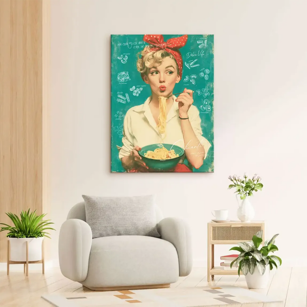 Vintage Marilyn Monroe pasta artwork with fettuccine and tortellini shapes on a teal background.