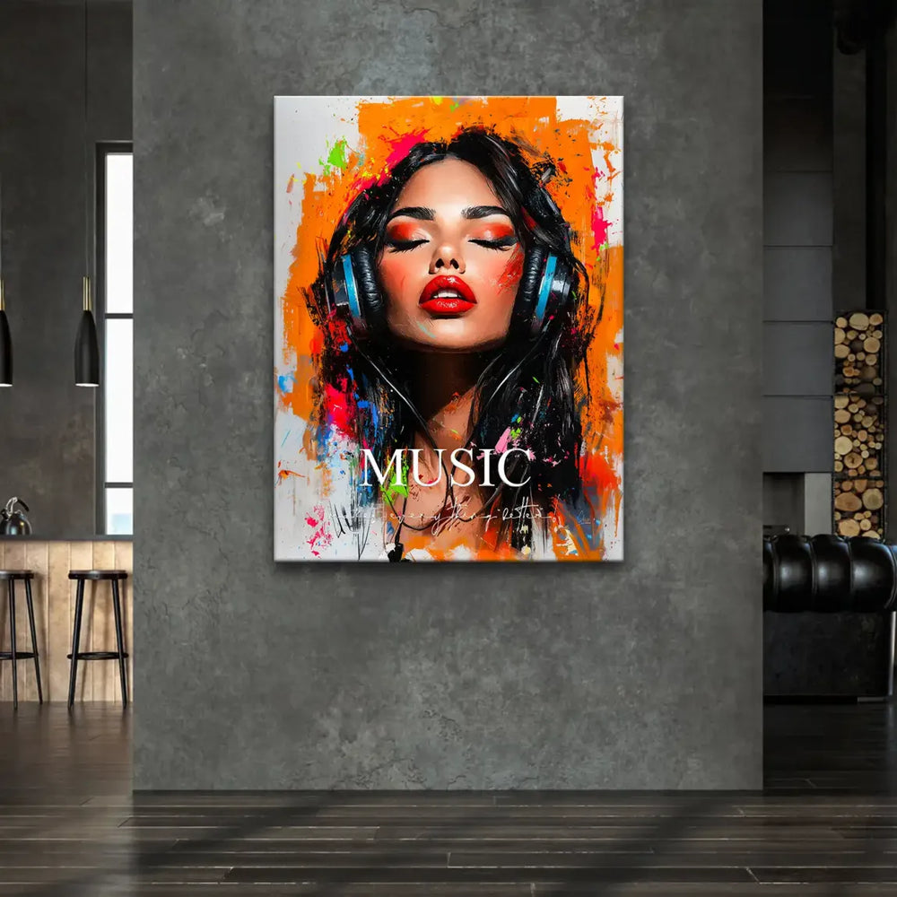 Canvas art showing a stylish woman with red lipstick and dark hair in an energetic abstract painting.