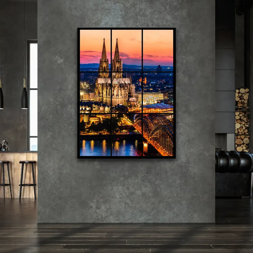 Illuminated Hohenzollern Bridge spanning the Rhine River
