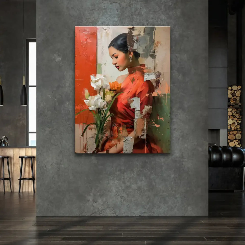 Soft cream background and a smoothly rendered face emphasizing an elegant, contemplative mood.