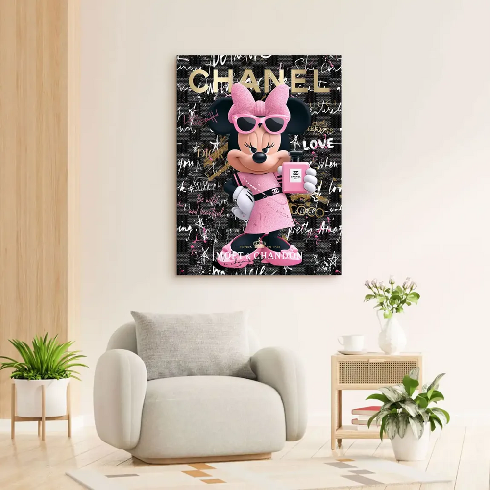 Close-up of gold luxury branding on a fashion-forward canvas wall art.