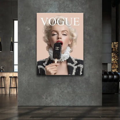 Close-up of Marilyn's white ruffled collar and embellished dark jacket in stylish fashion art