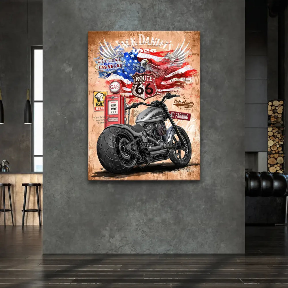 Collage featuring a grunge American flag with an eagle, Route 66 sign, Las Vegas welcome sign, and red gas pump