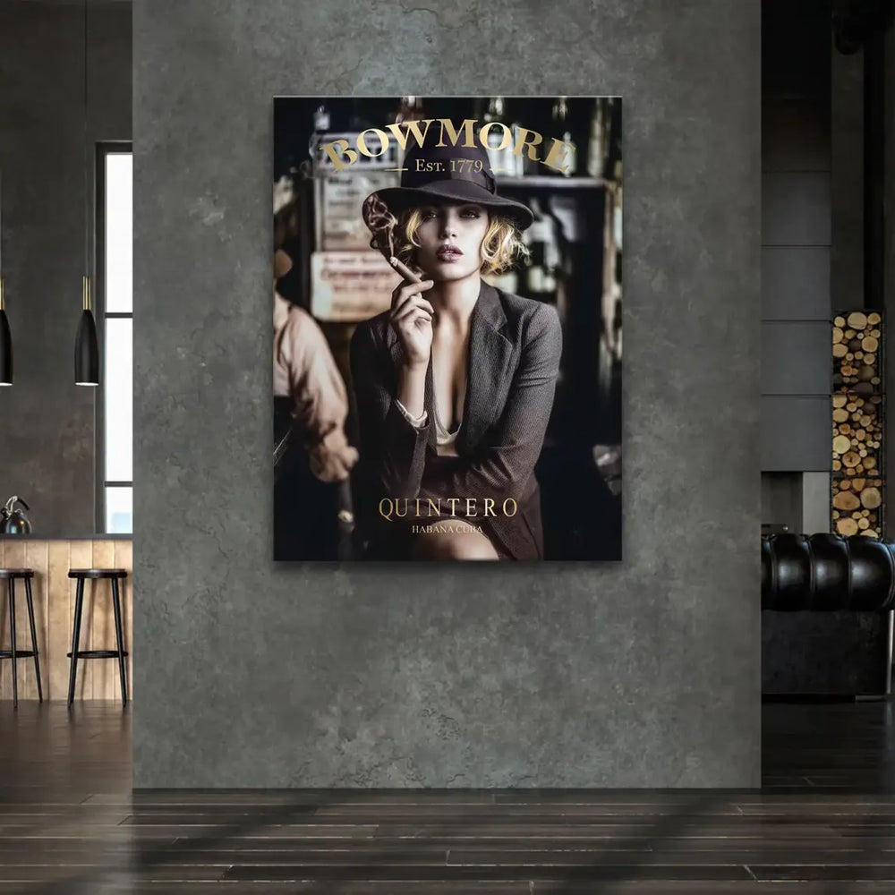 Vintage film-noir style portrait on canvas with gold text framing the figure