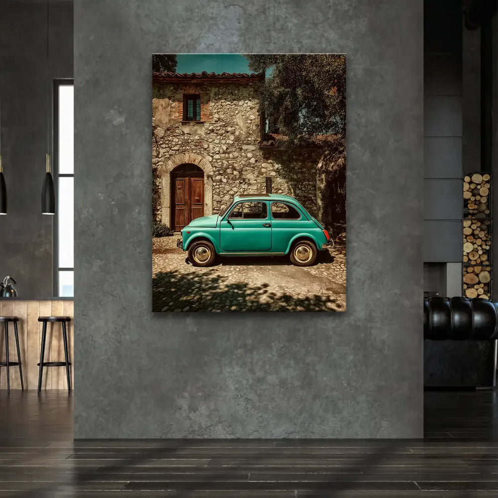 Warm earthy tones of old-world architecture complement the cool aqua Fiat 500.