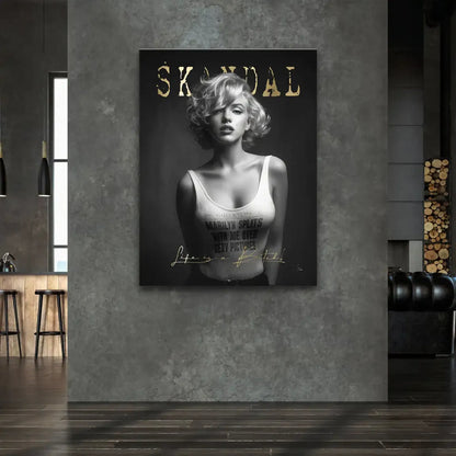 Robust pop-art style Marilyn canvas featuring a vintage newspaper headline on her shirt.